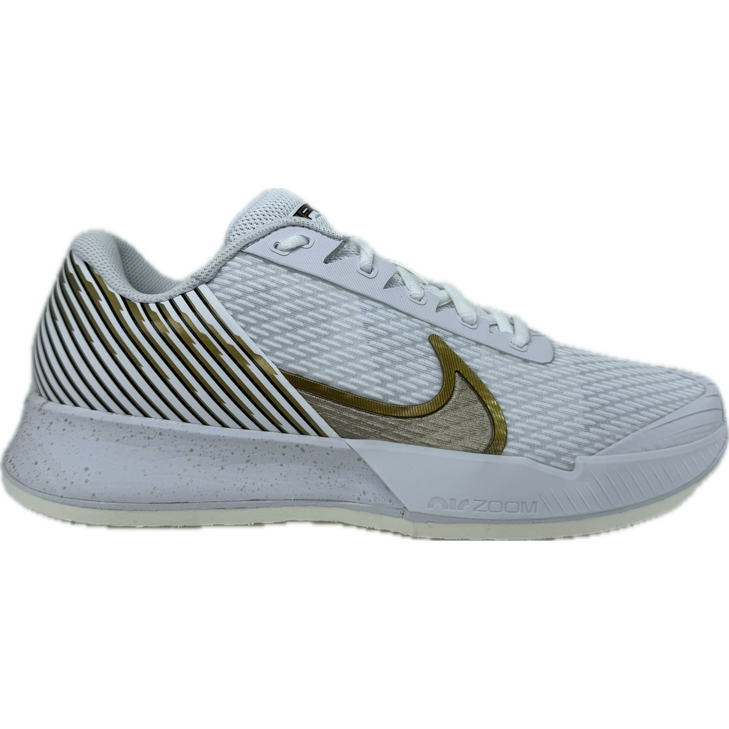 Pre-Spiked NikeCourt Air Zoom Vapor 2 Men's Hard Court Tennis Shoes for cricket. White/Grand Purple/Metallic Gold Grain